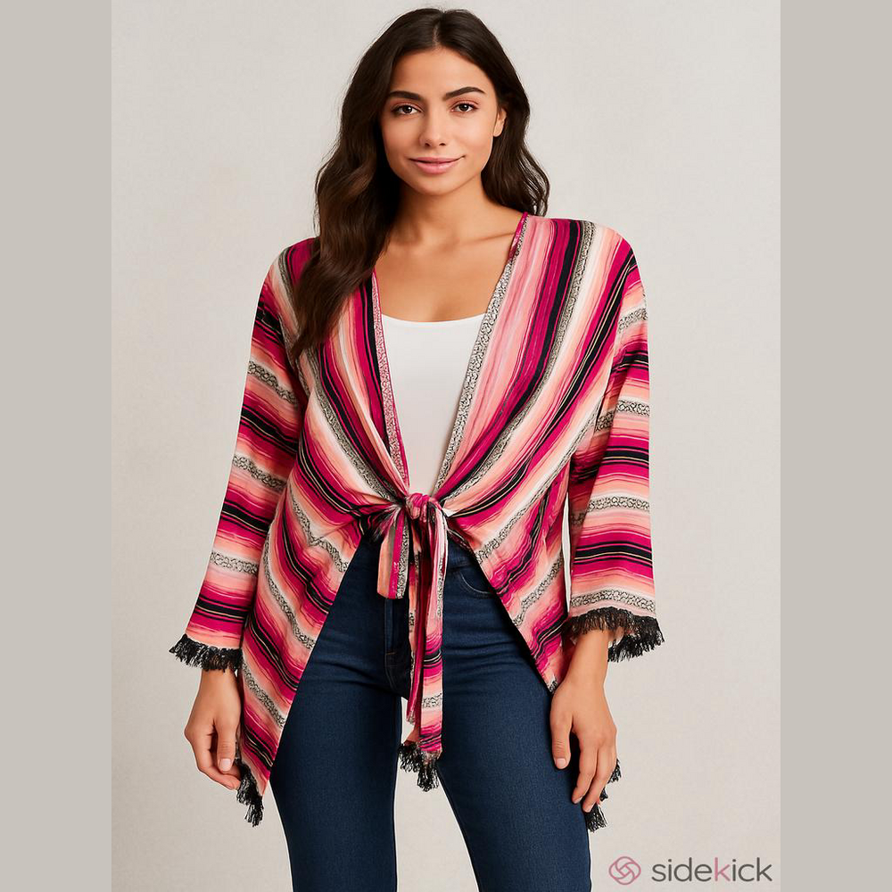 Rock & Roll Cowgirl Pink White Asymmetrical Tie Front Blouse Women's Large